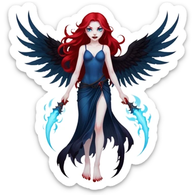 full body portrait of an extremely diabolical girl with pale white skin, massive towering wings, very long flowing blood red hair, glowing blue eyes, evil grin, no accessories, with swirling red and black smog/smoke at the bottom of her feet sticker