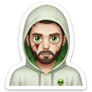 zombie pointing finger, undercut hairstyle with dark brown hair, short full beard, heterochromia with one green eye and one brown eye, wearing plain white hoodie sticker