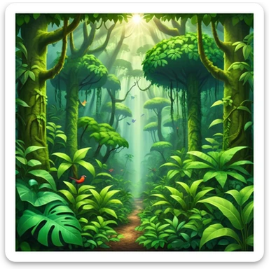 Cinematic Realistic Rainforest Emoji, Lush and vibrant, filled with towering trees, thick vines, and dense green foliage, sunlight filtering through the canopy above, creating dappled patches of light on the rich, diverse undergrowth. The air is heavy with moisture, with mist rising from the forest floor and distant calls of exotic birds and animals echoing through the trees. Soft glowing outline, capturing the essence of a thriving, untamed tropical paradise filled with life! sticker