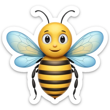 Create a cute emoji-style illustration of a bee with the face of an older man. The bee has a round yellow body with black stripes, small antennae, and light blue wings. Use bold outlines, bright colors, smooth shading, and a glossy sticker-like finish. Transparent or white background. sticker