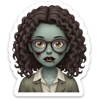 make a zombie girl with grey skin and long dark brown curly hair and glasses sticker