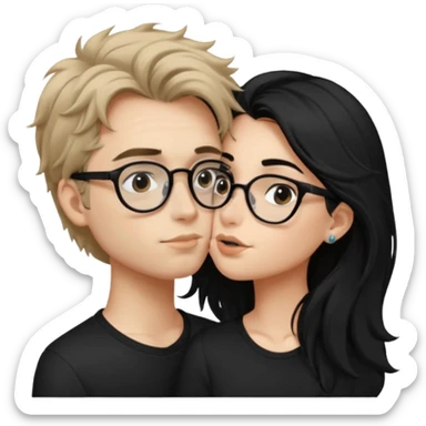 Un garçon avec les cheveux brin très clair ébouriffés, qui embrasse une fille avec les cheveux noir long et lisse , qui a des traits d’eye-liner et des lunettes noir avec un piercing au nez sticker