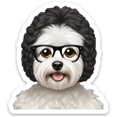 Indian woman with black glasses holding small white MaltiPoo dog sticker