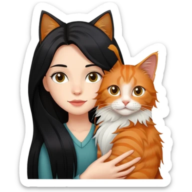 Une fille au cheveux long lisse et noir portant un chat type Maine coon de couleur roux  sticker