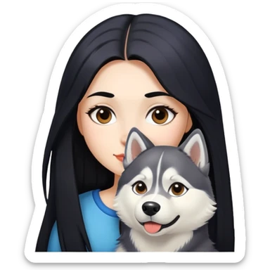 A girl with long black hair walks a husky sticker