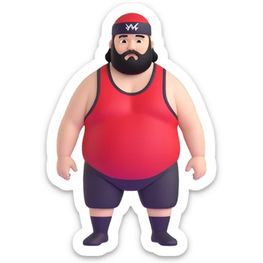 White skin fat guy with black durag and black beard in a red and black wrestling singlet sticker