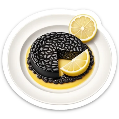 cinematic-realistic-black-risotto-dish,-showcasing-dramatic-lighting in a white plate with a single slice of grilled lemon on top sticker