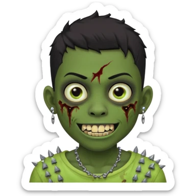 Make a boy zombie dark skin and short black 4c hair, showing a studded grillz teeth with a earing sticker