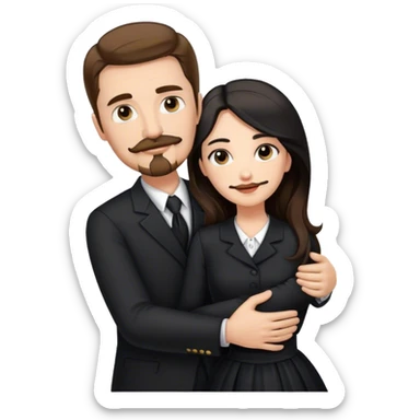 tall white man with brown hair goatee mustache hugging a pale woman with long black hair, wearing formal clothing sticker