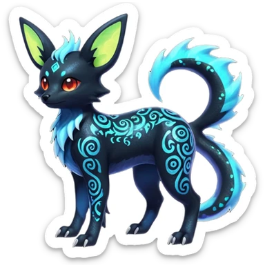 Shiny Fiery Dark Ugly Evil Realistic Glowing Eldritch Horror Cool Edgy Badass Emo Glorious Demonic Batty Dusky Ethereal Sparkly Shimmering Magical Punky Aural Iridescent Fluorescent Bioluminescent Umbreon-Noibat-Salandit-Litten-Flareon-Fakémon-fusion (full body) with intricate pattern markings sticker