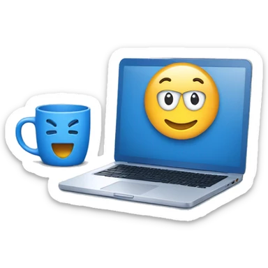 Emoji with a laptop and mugs representing the software development process and teamwork in blue color sticker