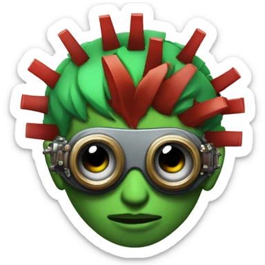 Male cyborg with thin red Mohawk and green steampunk goggles sticker