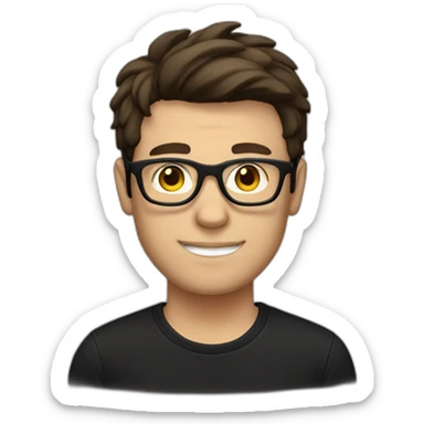 a slim white man with a straight-faced chin with messy short dark brown hair, with a black t-shirt, black rectangular glasses sticker
