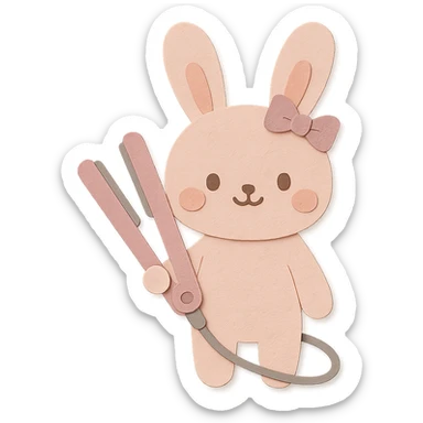 kawaii hair straightener bunny with a tiny bow, gentle happy face, soft pink, full-body sticker