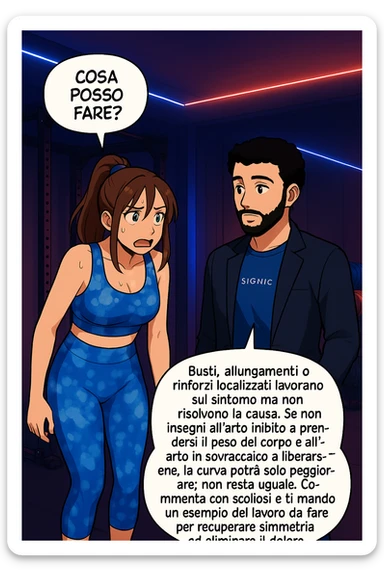 ispirati a questo stile di disegno e fai questa immagine in versione manga/webtoon a colori, il manga mostra la donna preoccupata che chiede: "COSA POSSO FARE?" E L'UOMO CHE RISPONDE: Busti, allungamenti o rinforzi localizzati lavorano sul sintomo ma non risolvono la causa. Se non insegni all’arto inibito a prendersi il peso del corpo e all’arto in sovraccarico a liberarsene, la curva potrà solo peggiorare; non resta uguale. Commenta con scoliosi e ti mando un esempio del lavoro da fare per recuperare simmetria ed eliminare il dolore. sticker