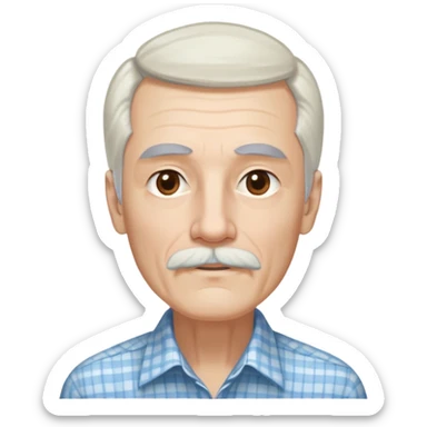 Skinny man in his 70s with fair skin. Long narrow face. Gentle light brown eyes. Long, flowing straight white hair reaching past shoulders, with light bangs. Thin eyebrows. White goatee connected to mustache. Slender appearance. Wearing a light blue and beige checkered button-up shirt. sticker