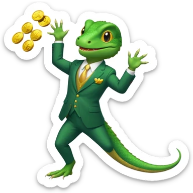 cunning capitalist lizard in a suit, tossing gold coins in the air sticker