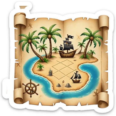 A detailed pirate treasure map with dotted paths, palm trees, and X marks the spot sticker