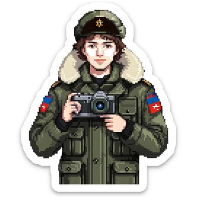 Russian army blogger in an ushanka and vatnik, with a camera or phone sticker