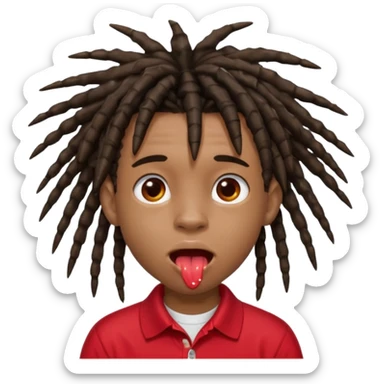 14 year old black boy with grown out buzz 4c hair forming into small dreadlocks looks like spikes he is wearing a red polo and his toungue is out very big and has a white shiny gooey splotch on his toungue sticker