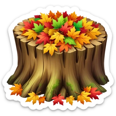 tree trunk with pile of leaves preparing for winter sticker