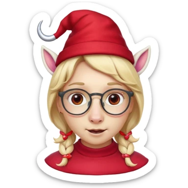 unicorn face cute wearing cute red hat, horn piercing through the hat looking in the camera, blond hair and spectacled. with big horn sticker