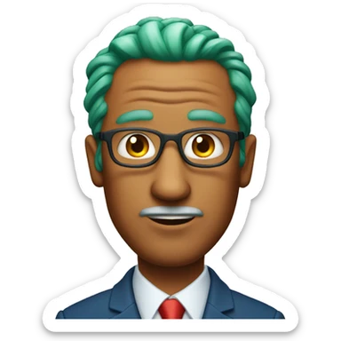 Older orange man with green hair and blue suit with red tie sticker