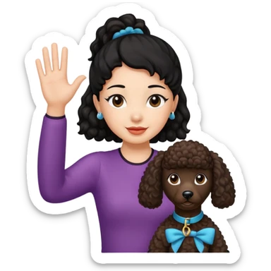 Ponytail black hair girl with brown Poodle say goodbye  sticker