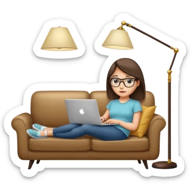 A girl is working with a laptop while lying on a sofa, with a floor lamp to the right. sticker