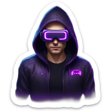Russian man in the black hoody with violet OMG VR logo on it wearing vr headset. Cyberpunk style. Violet neon. sticker
