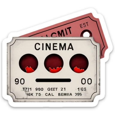 Minimalist emoji-style sticker of an old torn cinema ticket, blood-stained edges and burn holes, grayscale paper

 sticker