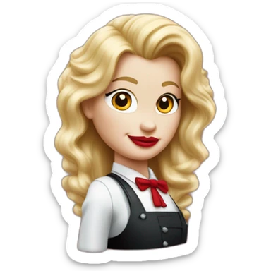 una cabeza de una chica rubia con el pelo largo apoyada sobre sus brazos con blusa de manga larga de color rojo al estilo de mr. monopoly sticker