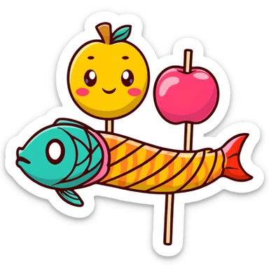 A cute arrangement of red apple, fish cake with pink swirl, rice cracker, and tri-colored dango skewer as a food snack collection sticker