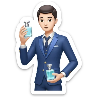 stylish man spraying perfume, holding a perfume bottle, mist spray in the air, elegant pose, 3D cartoon, mobile game icon style, clean background, no text, no watermark

 sticker