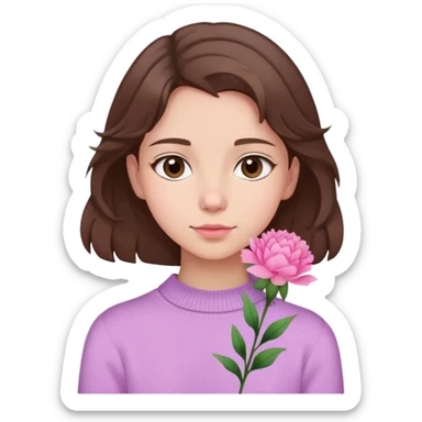  A girl with shoulder-length hair, a pink carnation behind her ear, and a light purple sweater, exuding a gentle aura. sticker