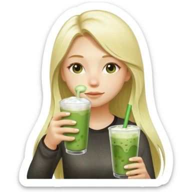 light blonde with long hair luxury girl drinking ice matcha latte sticker