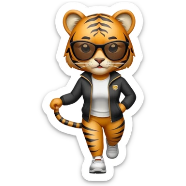 female energetic anthropomorphised tiger in sports clothes, wearing dark sunglasses, walking upright sticker