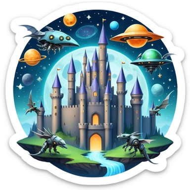 Icon for Fantasy and Sci-Fi Movies: A magical collage with flying dragons. futuristic spaceships and UFOs. Stars and planets shimmer in the background with a mystical castle Hogvards an ancient wizard and robots. The atmosphere is epic, otherworldly and adventurous. Transparent background. sticker