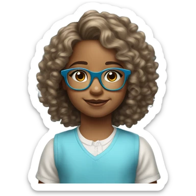 6 year old little girl light skin hazel eyes wearing light blue glasses with medium length curly hair sticker