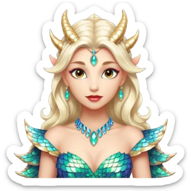 Am amazing blend of a half dragon woman with glittering jeweled scales covering her body. She has large almond shaped eyes, lush lips, and she wears a stunning luminescent gown. sticker
