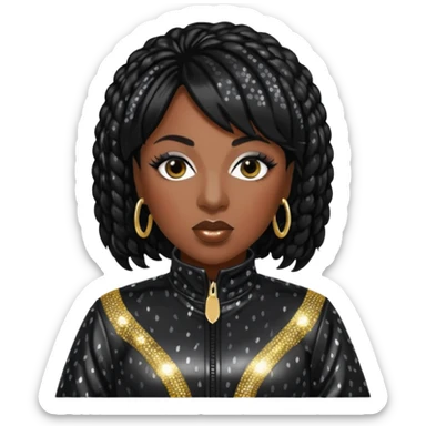 Missy Elliott with black hair, black sequin jumpsuit sticker