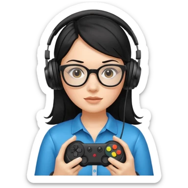 
gamer, woman shiny black hair no eyebrows with glasses, headphone, gamepad sticker