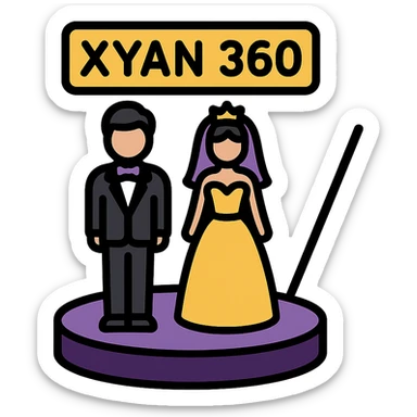 small simple icon of a bride and groom on a 360 spin booth, both dressed elegantly, with 'Xyan 360' signage, purple gold and black accents, luxury wedding event style sticker