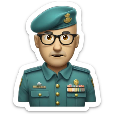High detail cyan beret bald very angry 50 years old man with glasses no hair furious very angry frown with khaki uniform sticker