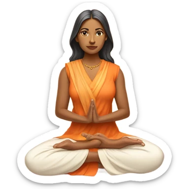 an  Indian woman, sleeveless pastel shirt
 yogi with a peaceful and meditative expression. The character should be wearing an orange robe, symbolizing traditional yogic attire. The yogi can be sitting in a lotus position sticker
