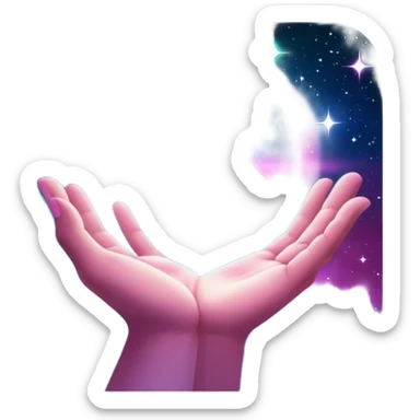 White pov hand emerging from stardust, holding a prism portal revealing floating products in a galaxy nebula, prism glows with cosmic magenta (#FF00FF) and celestial teal (#00CED1), starry depth-of-field, mystical luxury vibe sticker