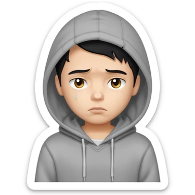 a pretty bratz boy with black hair and a grey hoodie looking sad sticker