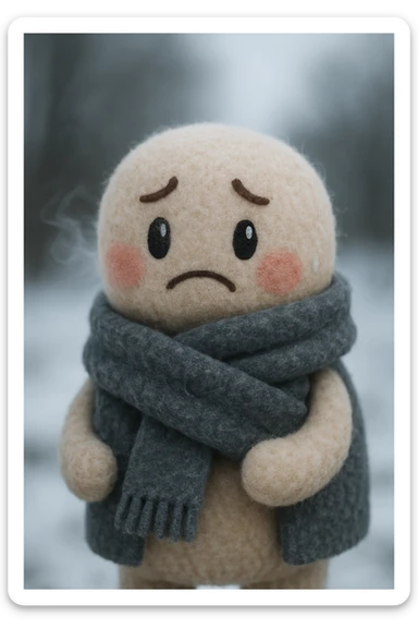 plush face with rosy cheeks, wrapped in a thick scarf, visible breath, shivering, cold weather sticker