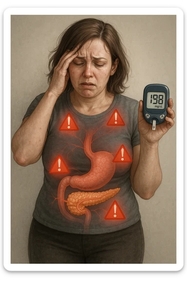 "Woman struggling with worsening insulin sensitivity, blood sugar spikes visualized as red warning signals throughout her body, expression of energy crashes and sugar cravings, pancreas working overtime shown in transparent overlay, pre-diabetic progression despite dietary efforts, metabolic syndrome symptoms accumulating, glucose meter showing increasingly concerning readings" scritte in italiano sticker