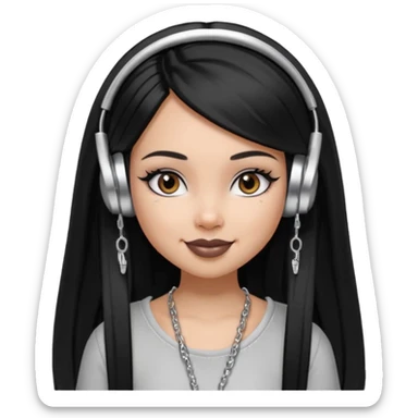 generate a pretty bratz girl with black long straight hair and silver headphones on, brown lipstick tattoo on shoulder, eyeliner on, silver hoops sticker